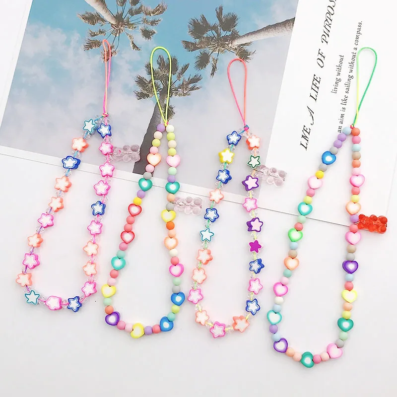 아크릴 별 사랑 곰돌이 폰줄 여성용 핸드메이드 비즈 폰 - Phone Accessories Pictures 리뷰 및 가격